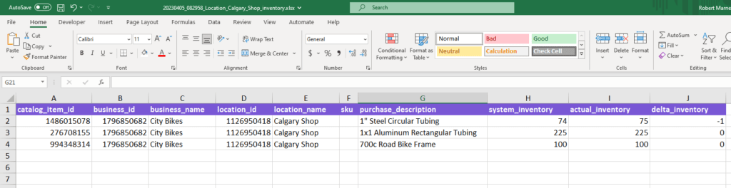 Screenshot of inventory reconcilation
