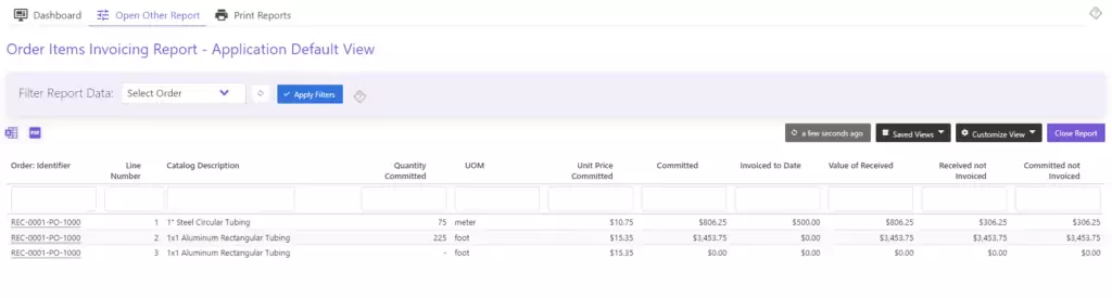 Line Level Invoicing & Attestation: order items invoicing report | Current SCM software screenshot