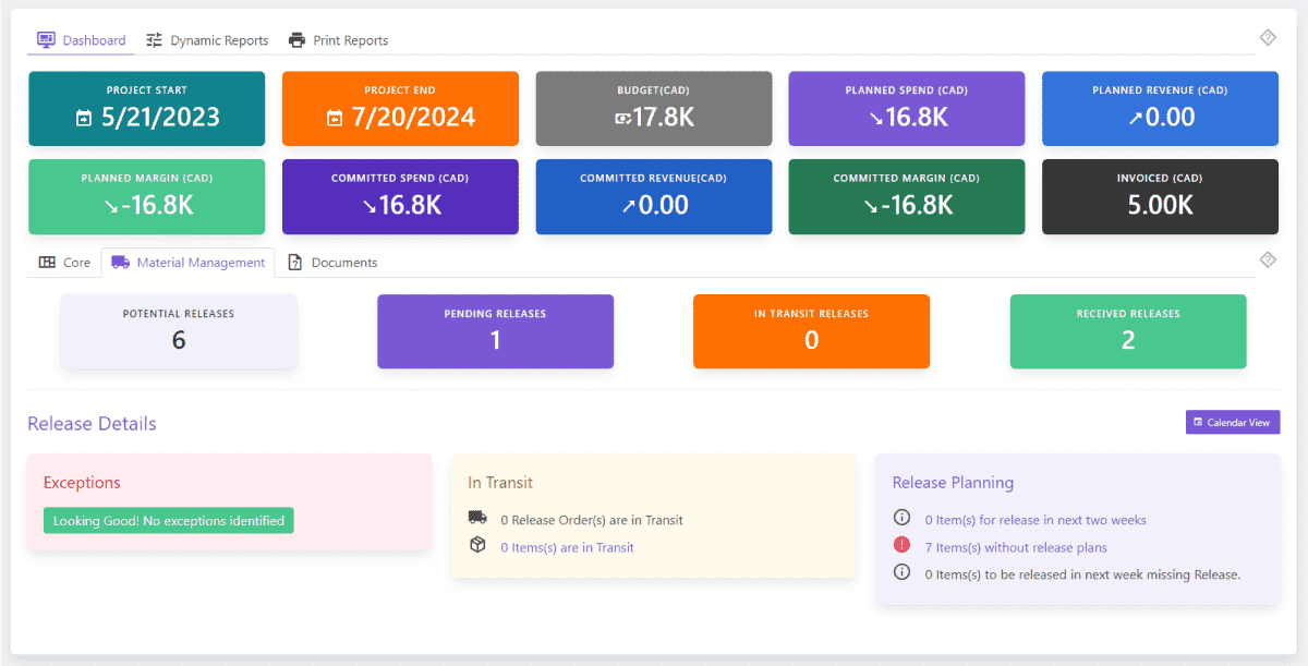 Materials Management Software - Project Dashboard | Current SCM